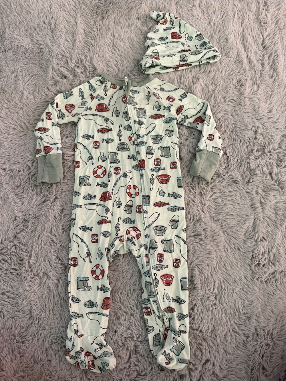 Bamboo Footed One-Piece Pajamas with Hat — Green Fishing Gear Prints